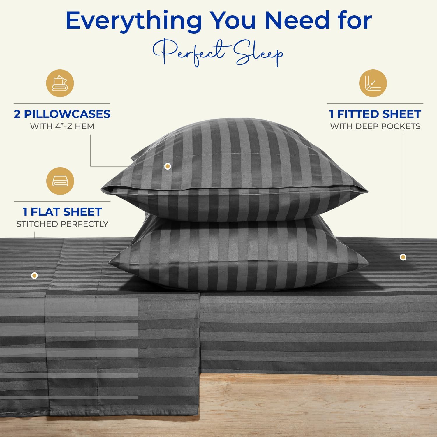 THREAD SPREAD Queen Sheet Set, Luxury 1000 Series Paradise Collection 100% Egyptian Cotton Damask Striped Bed Sheets Queen Size (4 PC, Dark Grey Stripe), Cooling 16' Deep Pocket Hotel Sheet Set