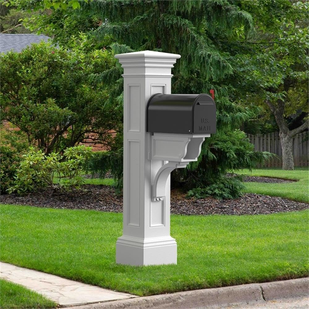 Pemberly Row Weatherproof Plastic Mail Post, Traditional Design, White Finish, 64' H x 14' W x 31' D, UV-Resistant Polyethylene, Includes Hardware, Decorative Sleeve, Newspaper Holder