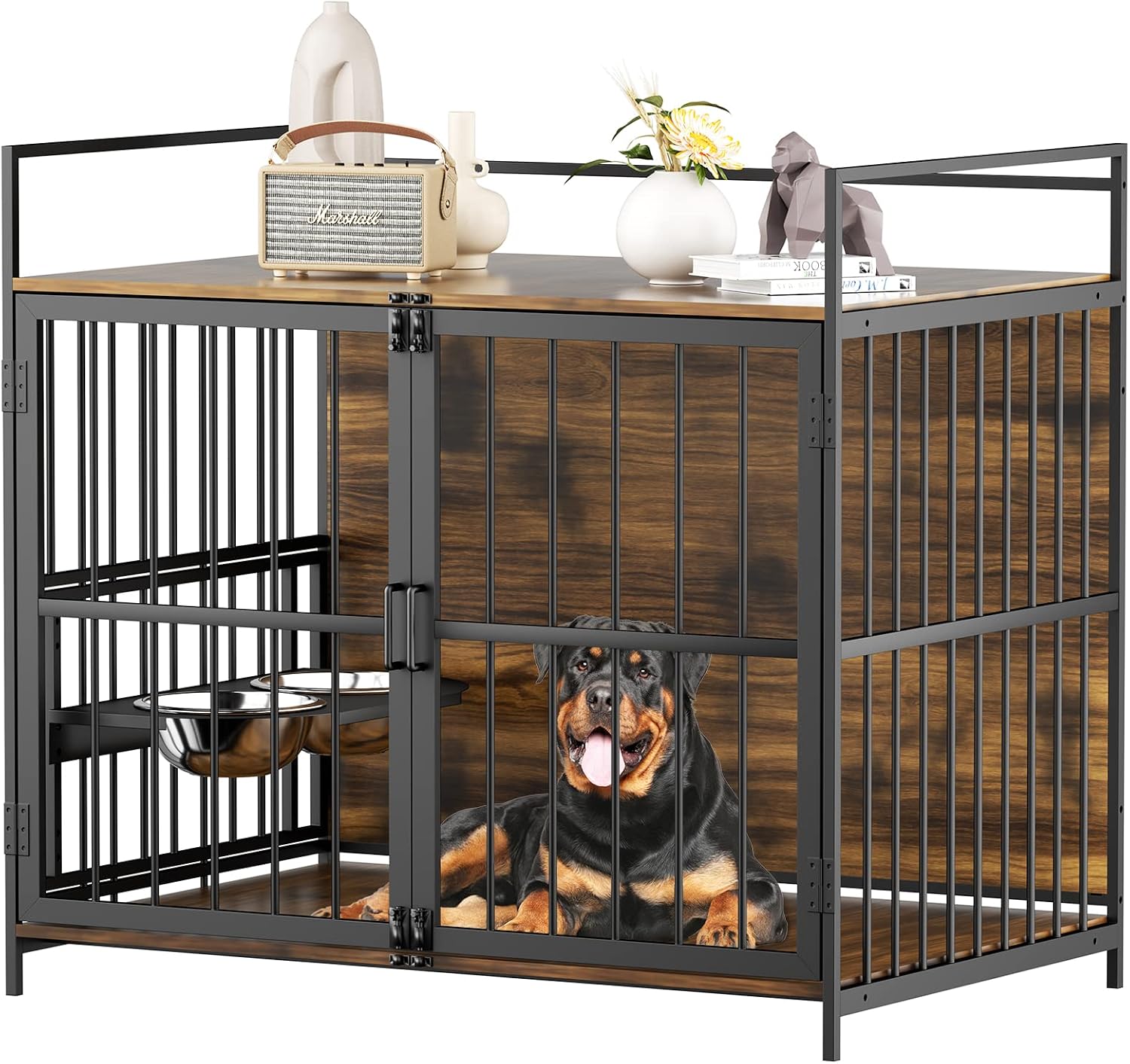 ROOMTEC Dog Crate Furniture-Style Cages for Large Dogs Indoor Heavy Duty Super Sturdy Dog Kennels with 2 Stainless Steel Bowls (48Inch = Int.dims: 46' W x 29' D x 35.5' H)