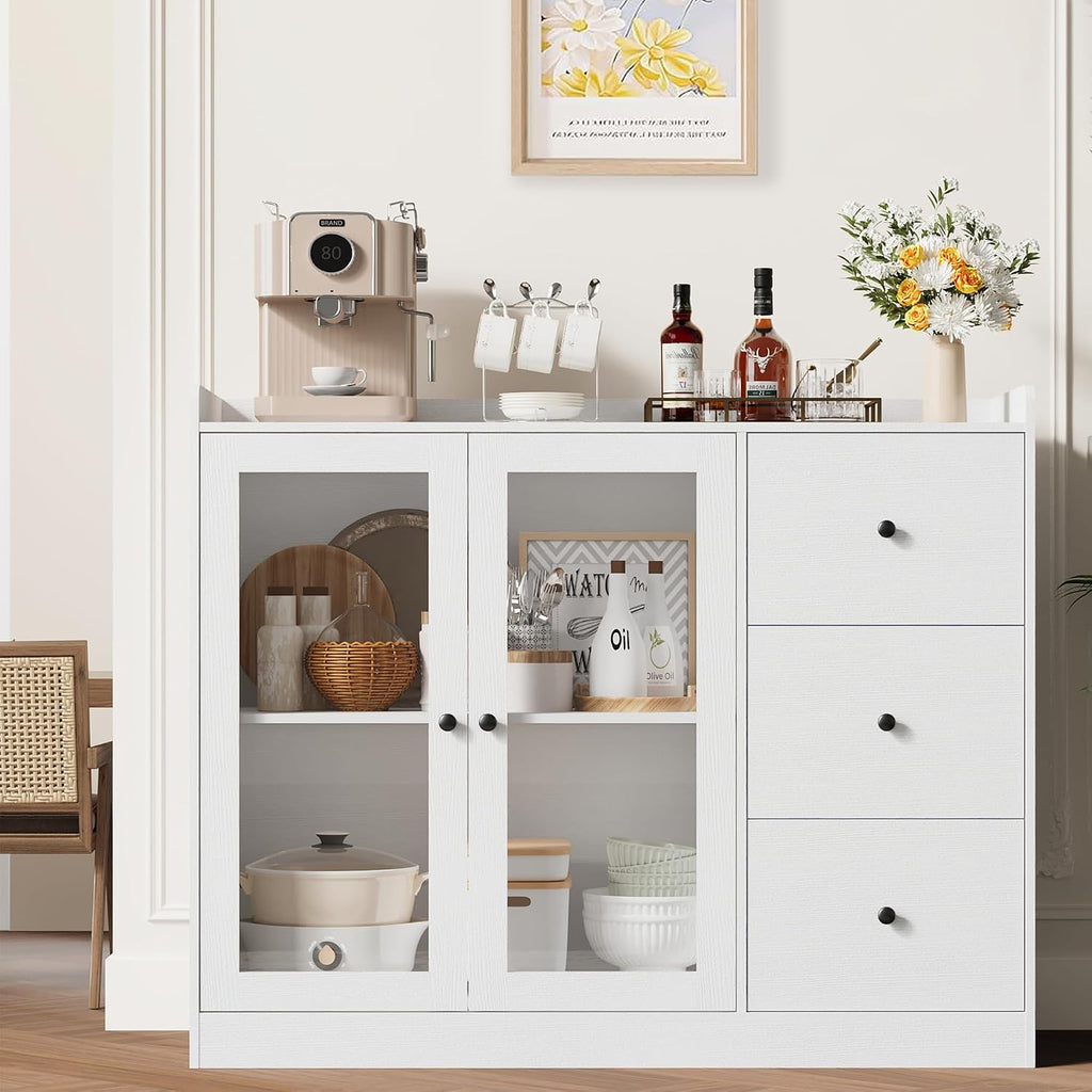 GarveeHome Sideboard Buffet Cabinet with Storage, 43 in Coffee Bar Cabinet with Glass Doors and 3 Drawers, Kitchen Storage Cabinet with Adjustable Shelves for Dining Room, Living Room, White