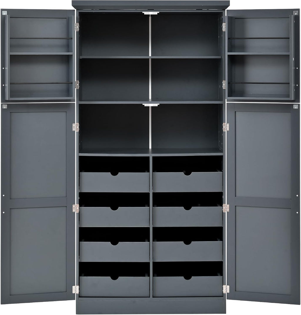 70.9 inch Kitchen Pantry Cabinet, Wood Freestanding Tall Storage Cabinet with 4 Doors and 2 Door Shelves, 8 Pull-Out Trays and Adjustable Shelf for Dining Room (Gray/65e)