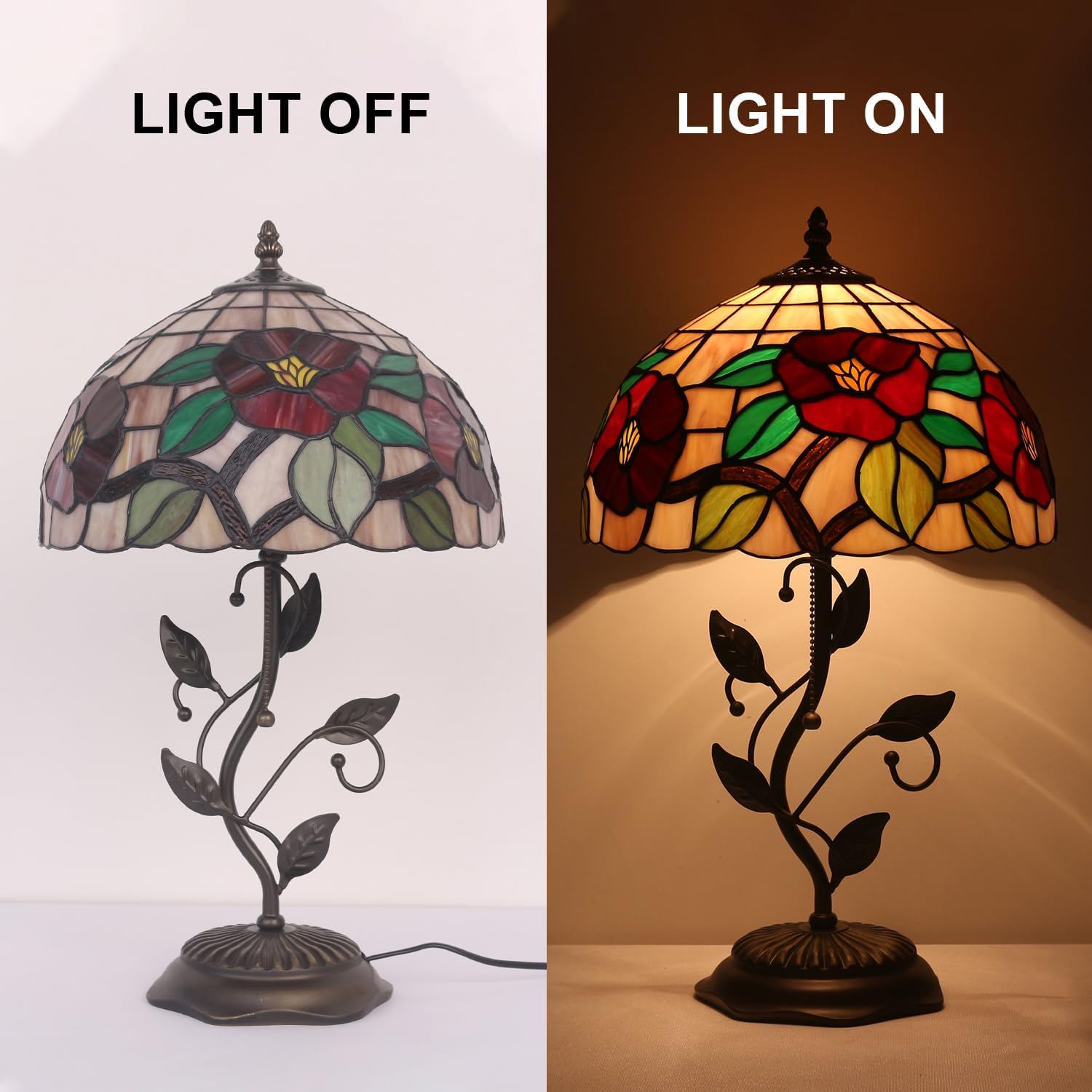 Tiffany Table Lamp, Stained Glass Crabapple Flower Design, with Metal Leaf Base, 12x12x19 Inch for Bedroom, Living Room, Home, Office