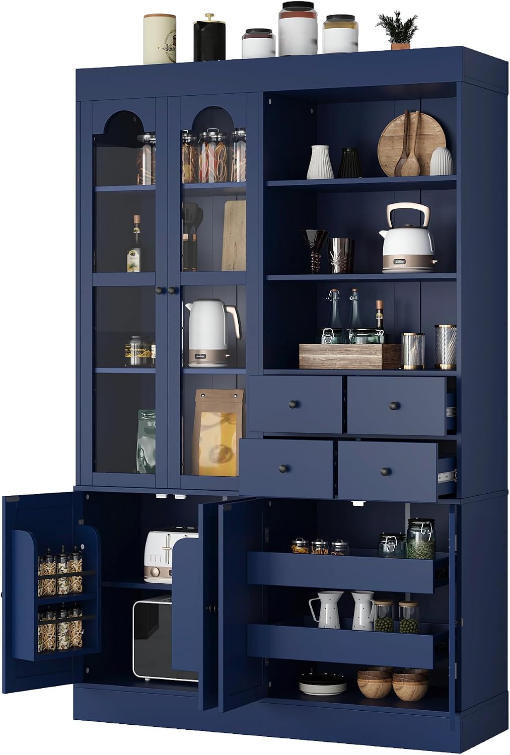 Modern 75inch Tall Kitchen Pantry Storage Cabinet with 4 Drawers, Freestanding Buffet Cabinet with Door Shelves and Pull-Out Trays for Dining Room, Living Room (Blue/32r)