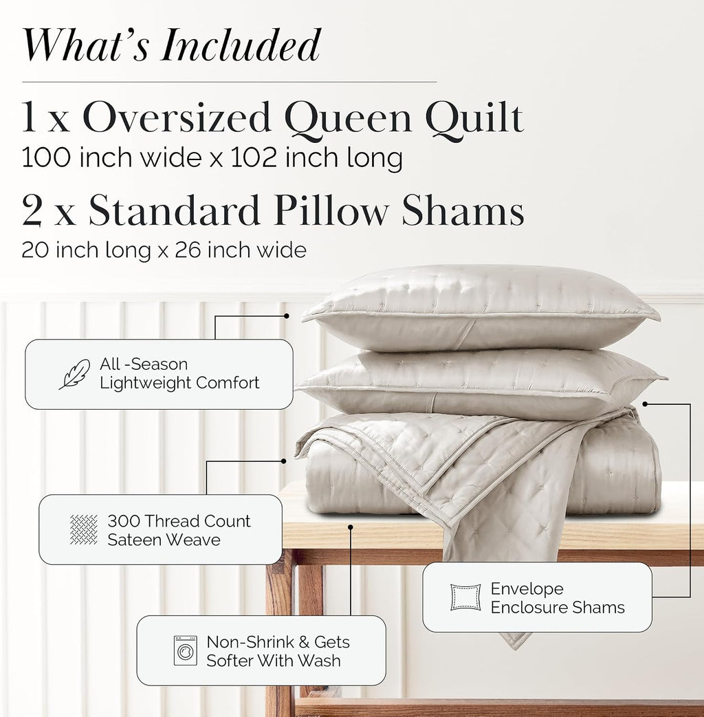 Southshore Fine Living, Inc. Full/Queen Quilt Bedding Set with 2 Quilted Pillow Shams, Rayon Derived from Bamboo Quilt, 300 Thread Count Premium Coverlet, Queen Size/Full Size Bedspread, Bone