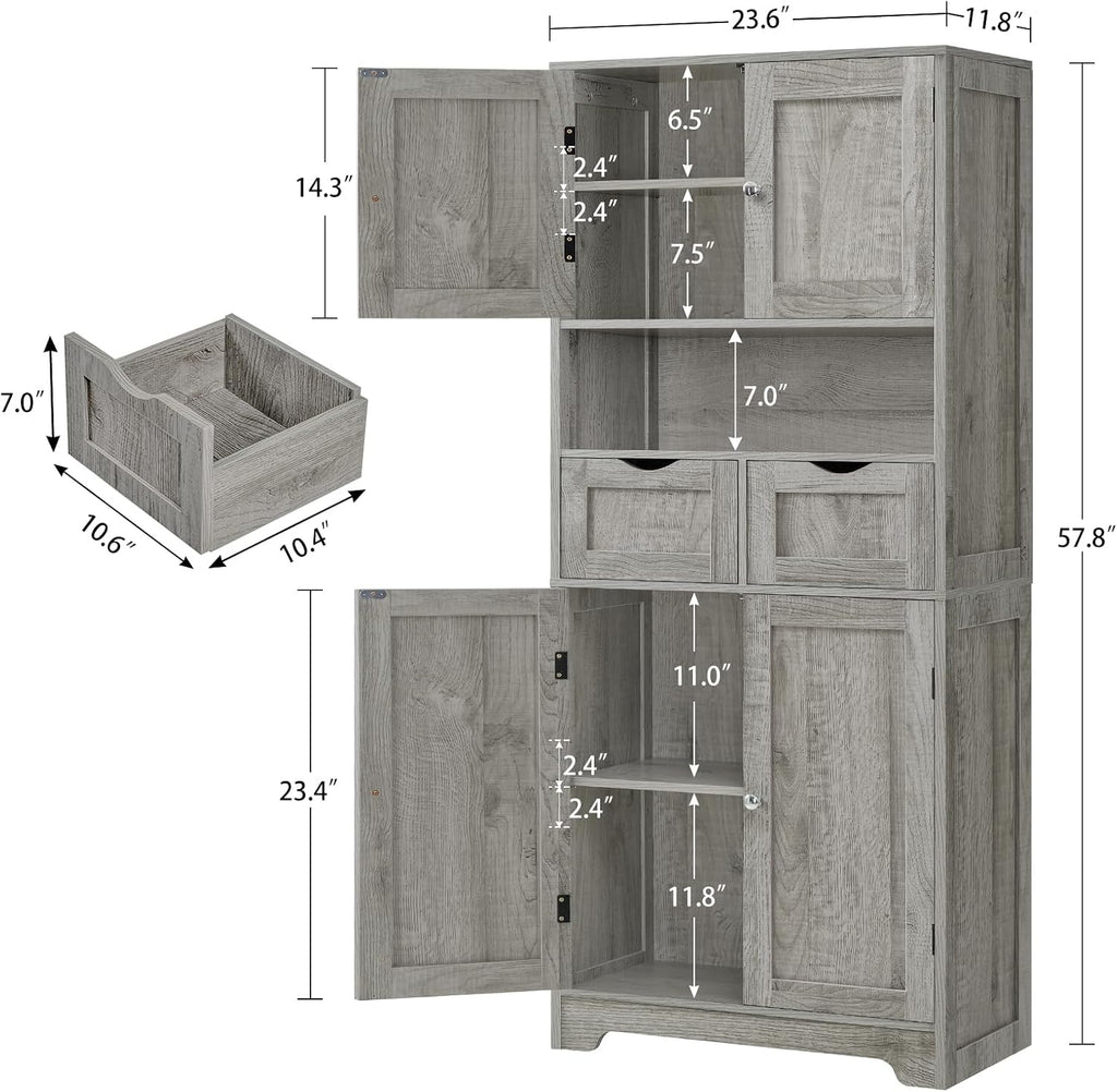 Iwell Tall Storage Cabinet with Adjustable Shelf, Bathroom Cabinet with 2 Drawers, Linen Cabinet for Living Room, Grey