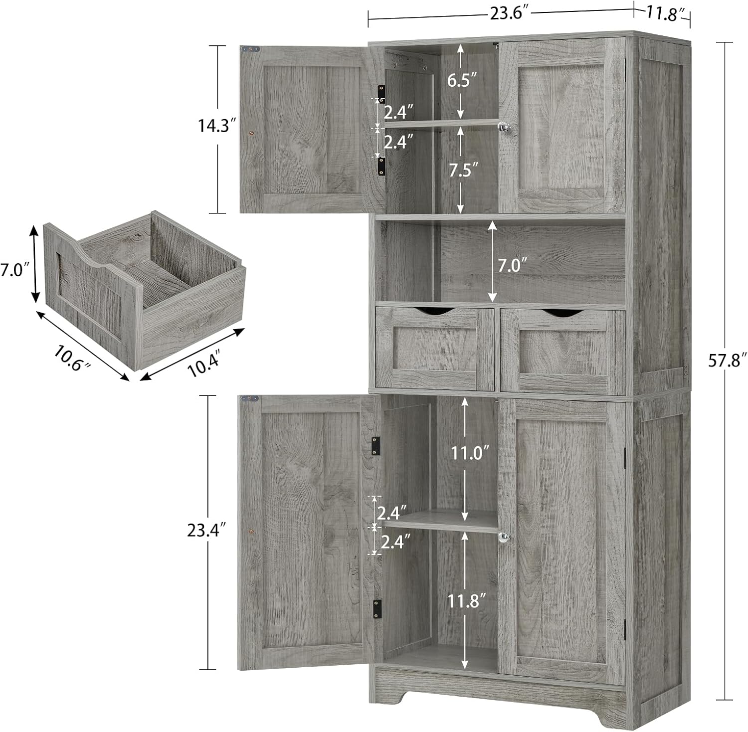 Iwell Tall Storage Cabinet with Adjustable Shelf, Bathroom Cabinet with 2 Drawers, Linen Cabinet for Living Room, Grey