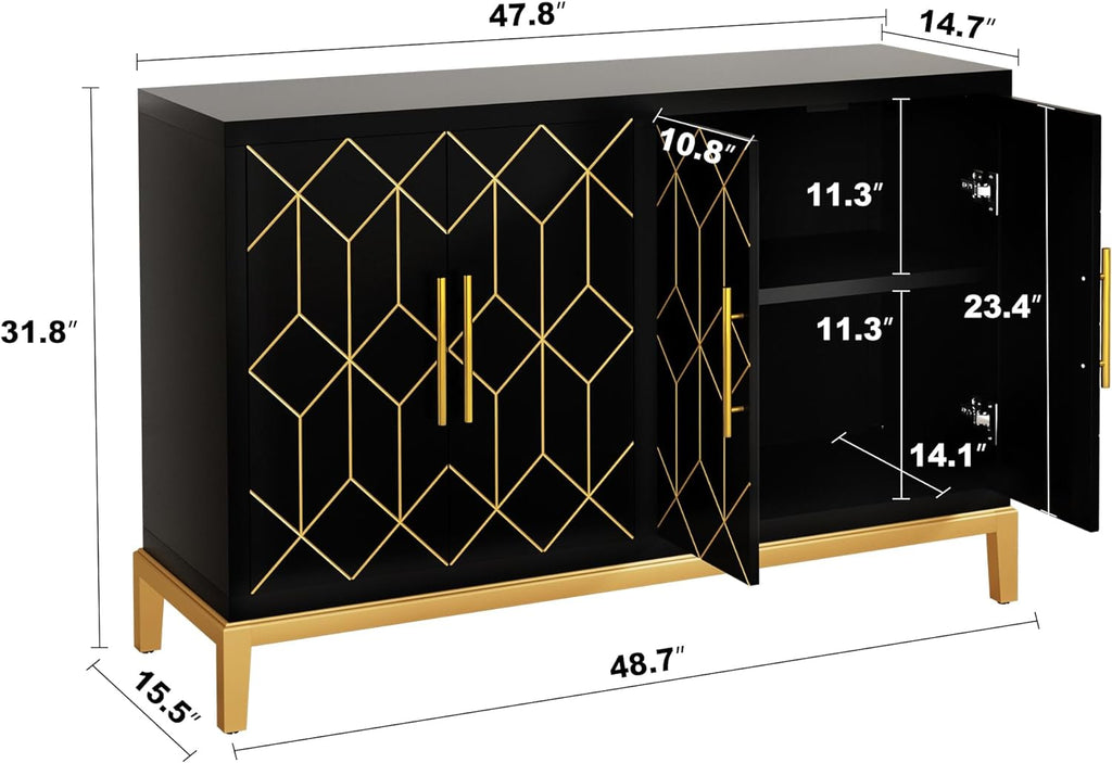 HLR Accent Cabinet with 4 Doors&Shelves, Sideboard Buffet Cabinet with Gold Trim, Modern Black Storage for Living Room, Entryway, Kitchen, Dining Room, Hallway