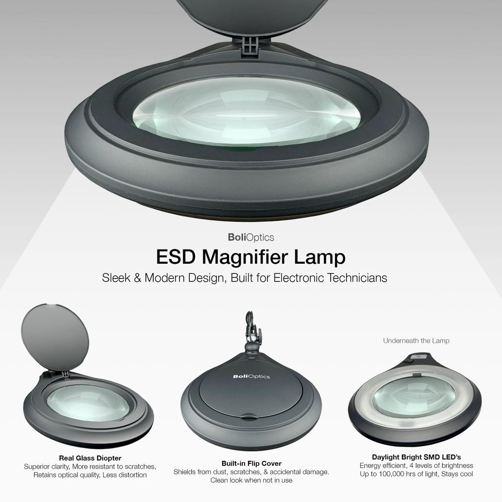 ESD Safe (Glass Lens) Professional LED Magnifying Lamp with Clamp (8 Diopter, 3X) Work Light, 4 Brightness Levels, Daylight Bright, 1200 Lumens, 5600K-6000K, Matte Black, BoliOptics MG16303322