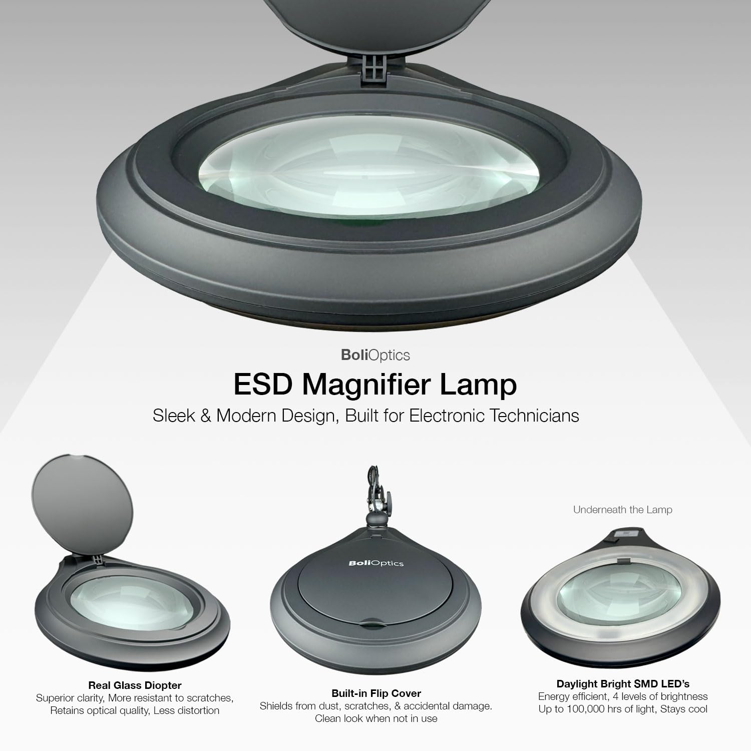 ESD Safe (Glass Lens) Professional LED Magnifying Lamp with Clamp (8 Diopter, 3X) Work Light, 4 Brightness Levels, Daylight Bright, 1200 Lumens, 5600K-6000K, Matte Black, BoliOptics MG16303322