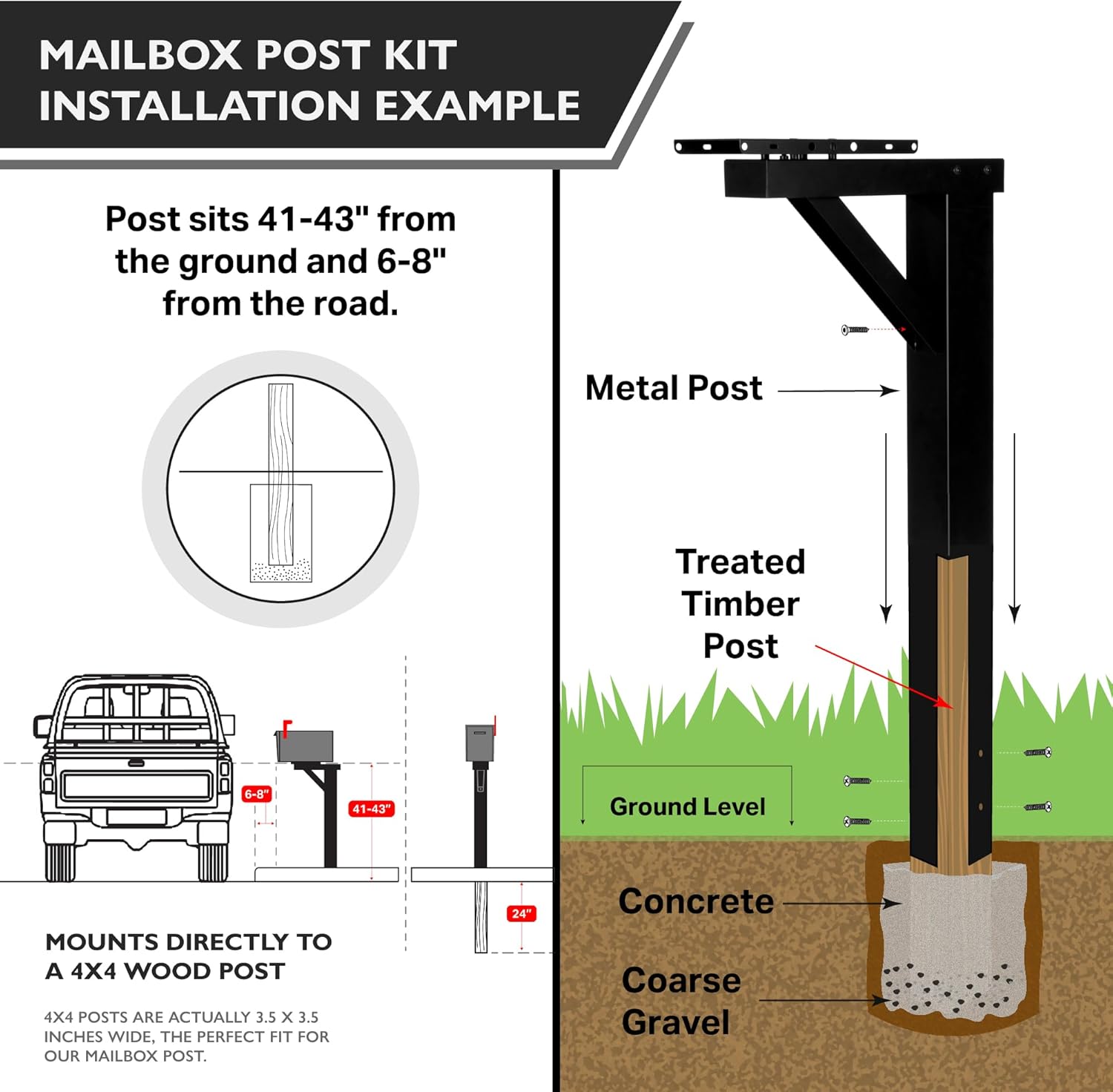 Ilyapa Black Metal Mailbox Post for Outside, 43x4x4 inch Metal Post Sleeve with Two Universal Mailbox Mounting Bracket for Curbside Residential Mail Box, Arm Style