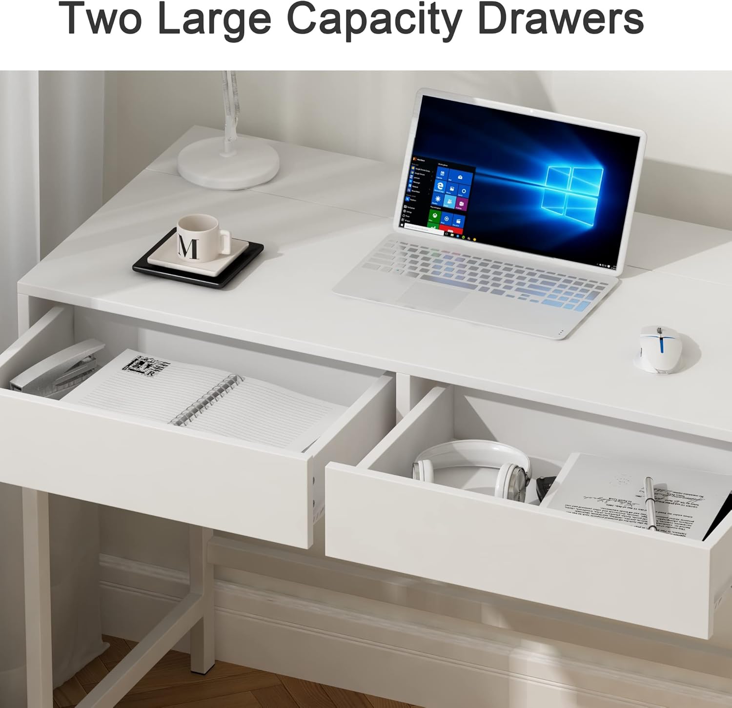 Treocho White Desk with USB Charging Ports and Power Outlets, Modern Simple 47 inch Computer Desk with 2 Drawers, Vanity Table, Makeup Table for Home Office, Bedroom