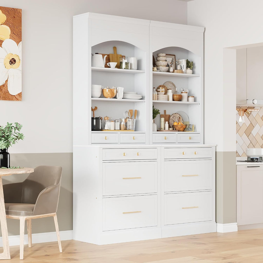 Modern 83.7inch High Kitchen Pantry, Freestanding Tall Kitchen Hutch with Faux Marble Top, Cupboard Cabinet with 5 Storage Drawers and Adjustable Shelf, Wood Storage Cabinet, Set of 2 (White-3)