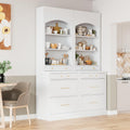 Modern 83.7inch High Kitchen Pantry, Freestanding Tall Kitchen Hutch with Faux Marble Top, Cupboard Cabinet with 5 Storage Drawers and Adjustable Shelf, Wood Storage Cabinet, Set of 2 (White-3)