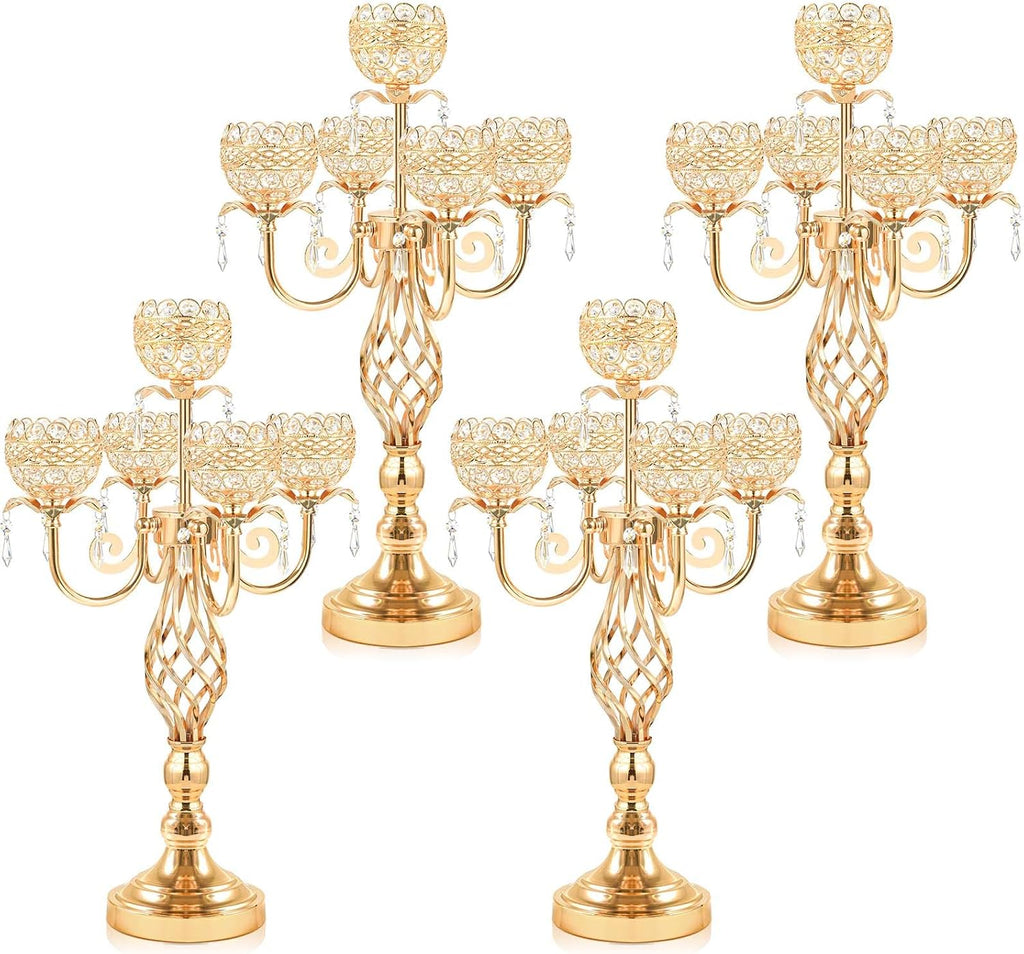 Elegant 5-Head Candelabra Centerpiece with Crystal Pendants - 23 Inch Tall Table Centerpiece for Weddings, Parties, Home Decor for Mother's Day, Holidays & Special Occasions (4, Gold)