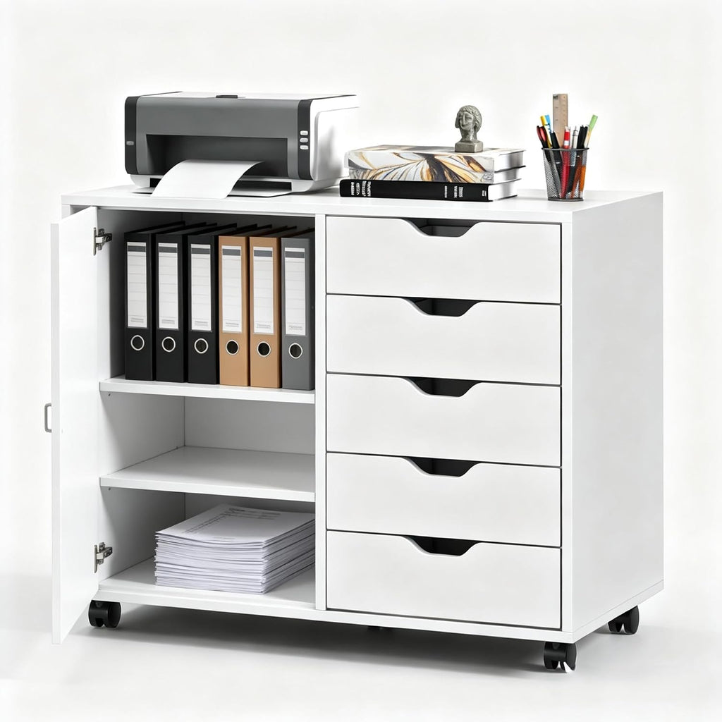 5-Drawer Wood Drawer Cabinet, Office Storage Cabinet with Adjustable Shelf & Wheels, Printer Stand for Home Office, White, 15.7' D x 30.7' W x 25.4' H