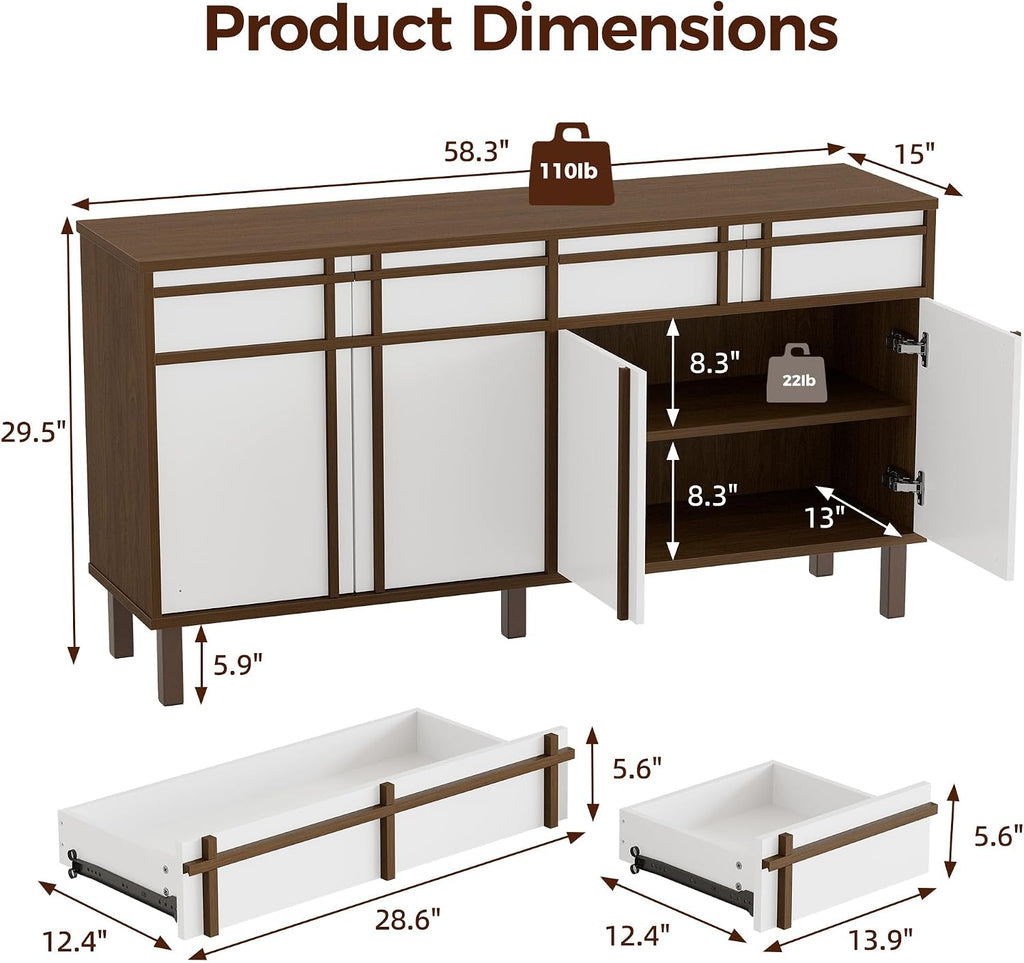 58 inch Sideboard Buffet Cabinet with 3 Drawers, Modern Credenza with 4 Doors & Adjustable Shelf, Large Coffee Bar Storage for Kitchen, Entryway