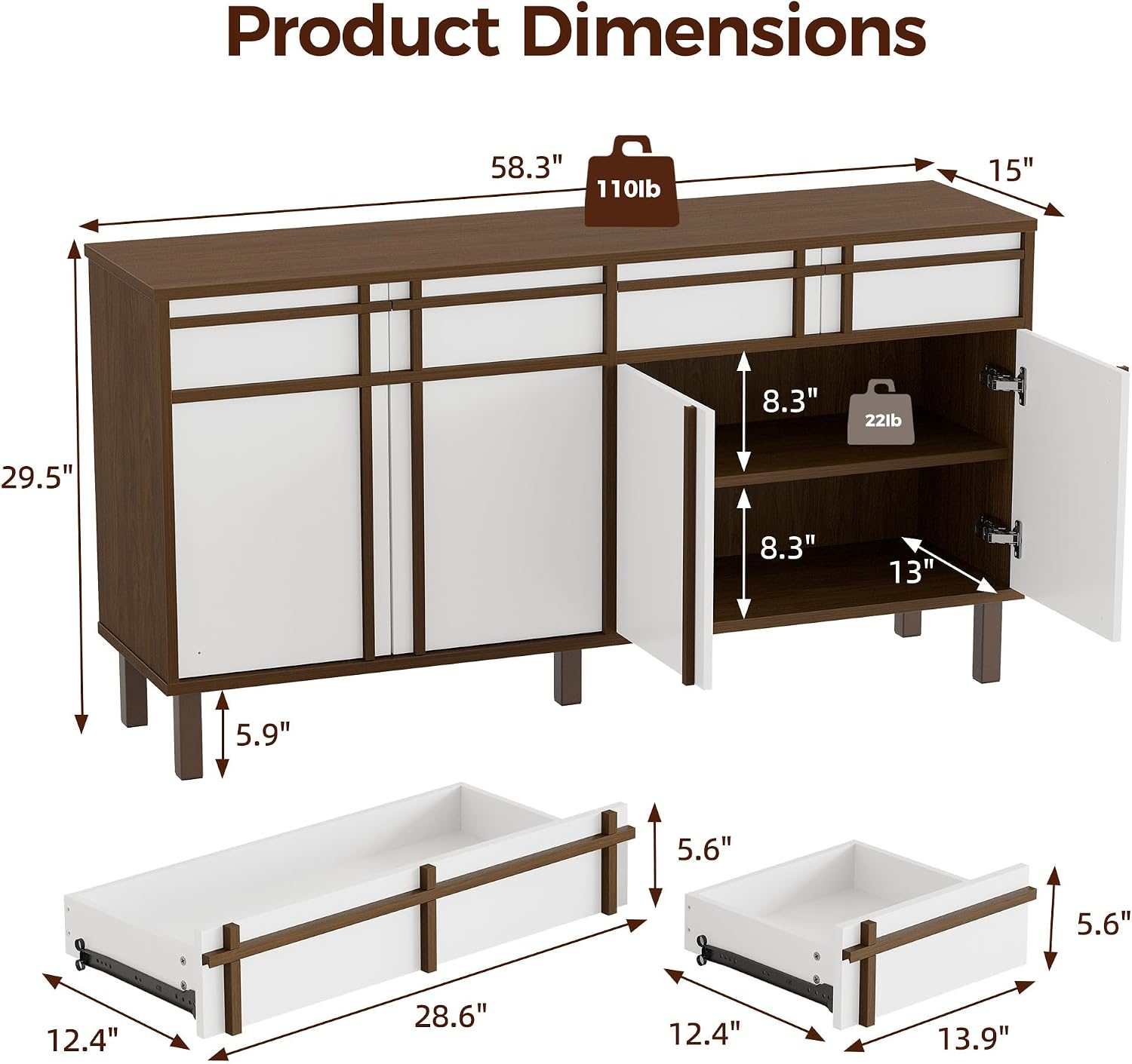 58 inch Sideboard Buffet Cabinet with 3 Drawers, Modern Credenza with 4 Doors & Adjustable Shelf, Large Coffee Bar Storage for Kitchen, Entryway