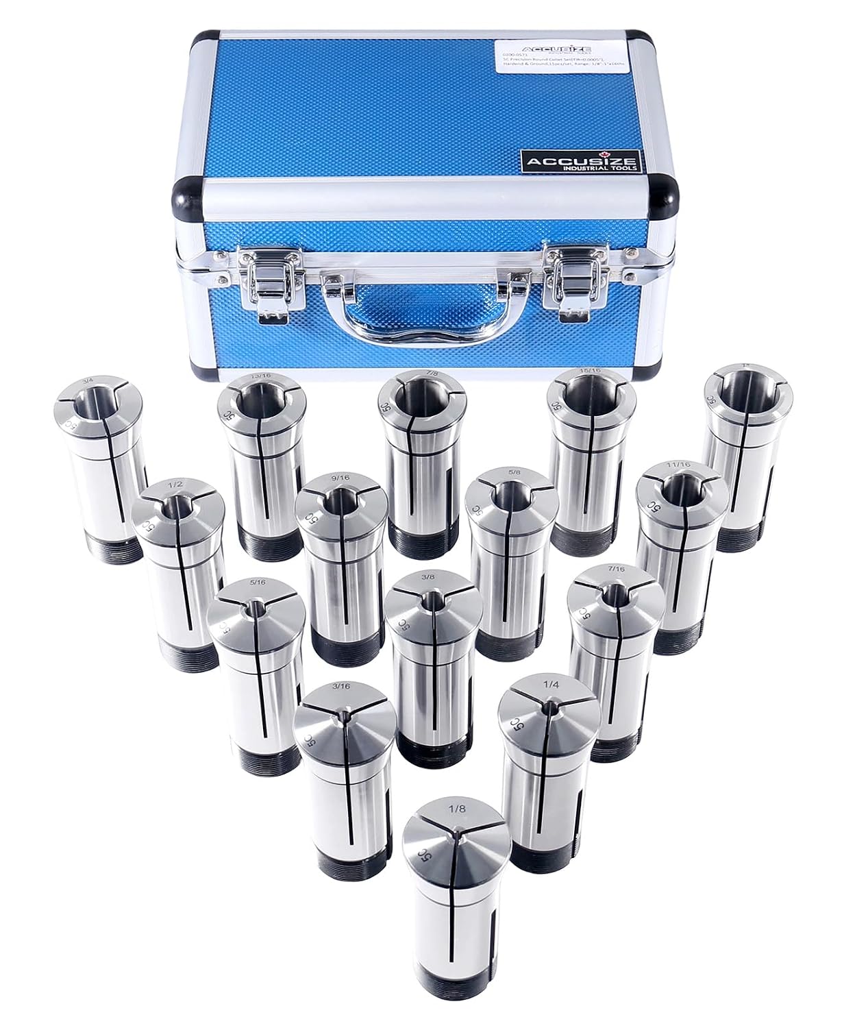 Accusize Industrial Tools 15 Pcs 1/8-1'' by 16ths 5C Precision Round Collets Hardened and Ground, 0200-0571