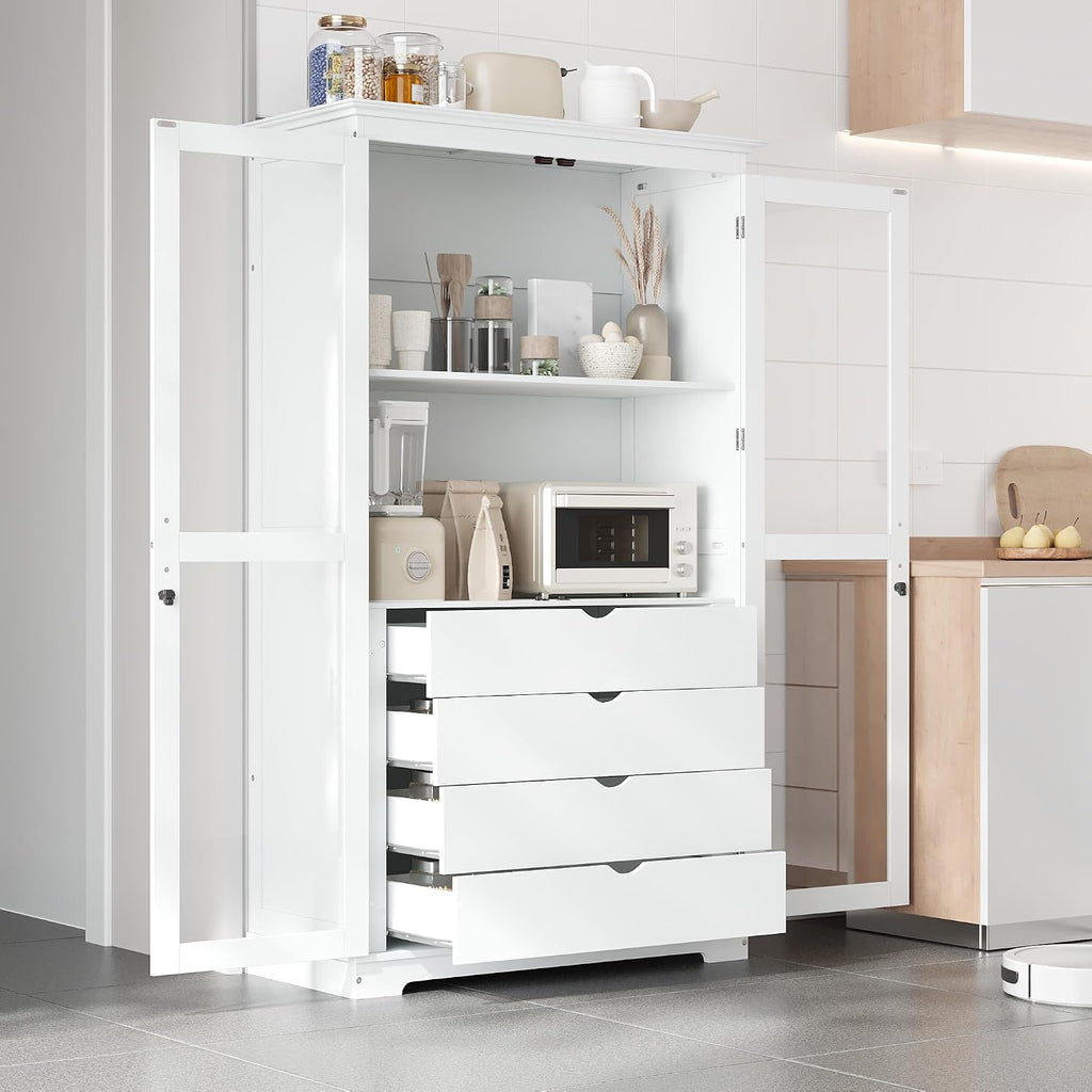 Modern 75inch Kitchen Pantry, Freestanding Kitchen Storage Cabinet Display Cabinet with Glass Doors and 4 Built-in Drawers for Living Room, Home Office (White-30r)