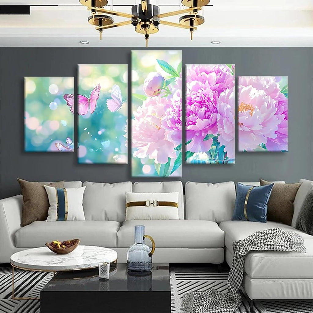 Flowers Diamond Art 5 Piece Diamond Painting Butterfly 5D DIY Full Square Drill Dimond Art Paintings Crystal Crafts for Adults Gem Painting for Home Decor, Large Artwork for Wall 36 x 70 Inch,Model450