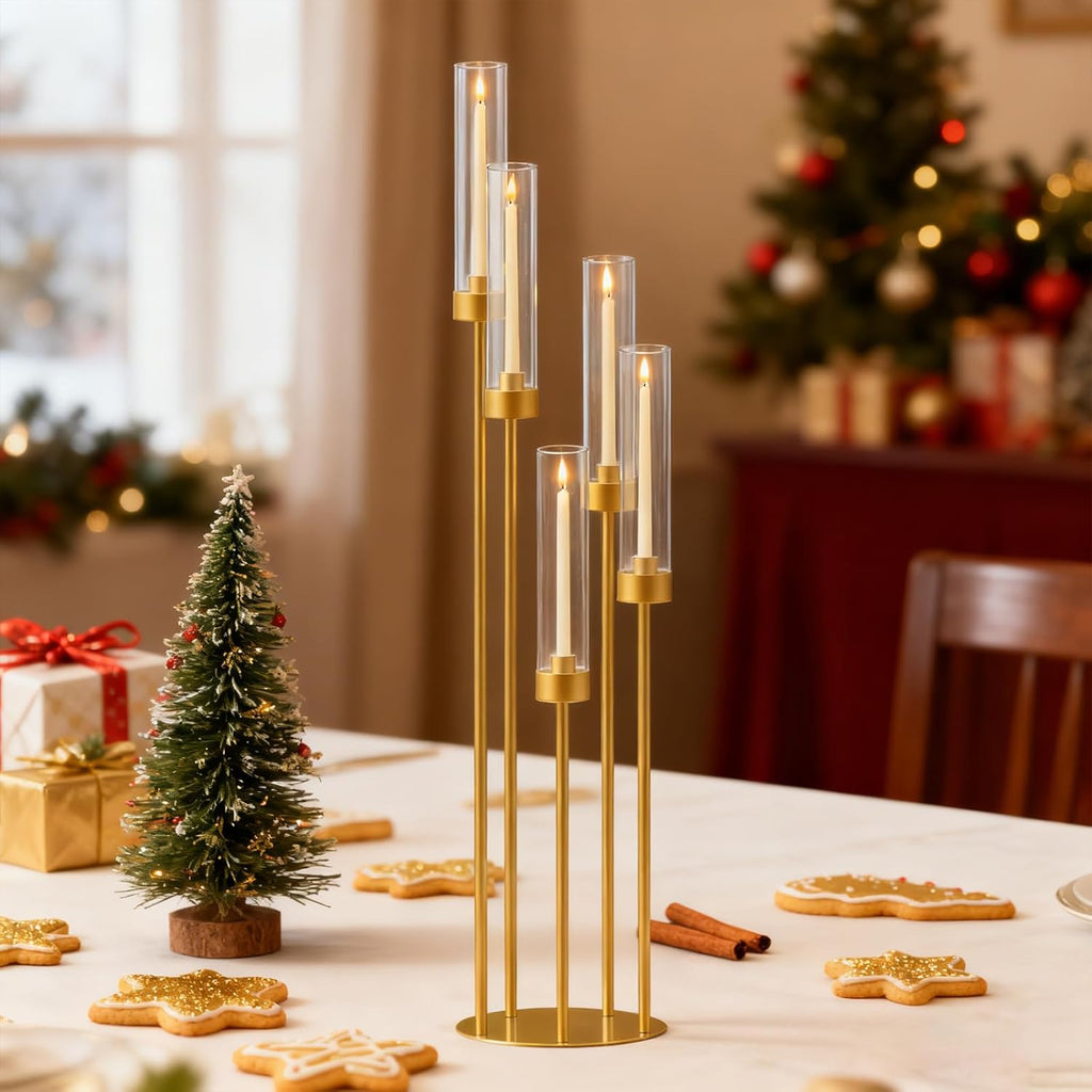 42.5in Gold Candelabra Centerpieces for Tables Candlestick Holders Decor Wedding Centerpiece Table Decorations 5 arm Candle Holder Set of 8 Acrylic lampshade Fit 0.9' LED Candle