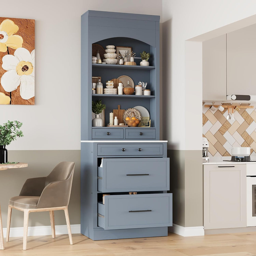 Modern 83.7inch High Kitchen Pantry, Freestanding Tall Kitchen Hutch with Faux Marble Top, Cupboard Cabinet with 5 Storage Drawers and Adjustable Shelf (Gray-4)