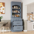 Modern 83.7inch High Kitchen Pantry, Freestanding Tall Kitchen Hutch with Faux Marble Top, Cupboard Cabinet with 5 Storage Drawers and Adjustable Shelf (Gray-4)