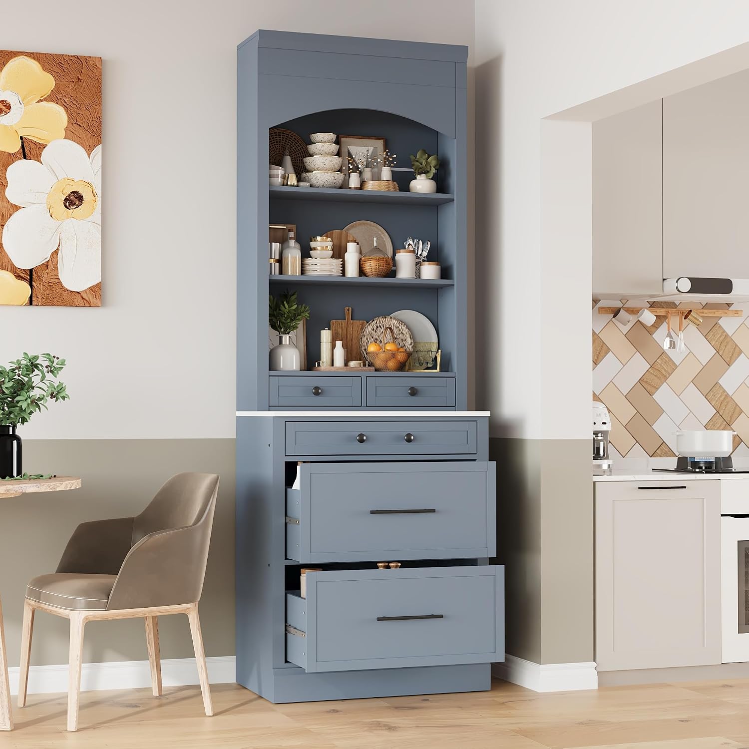 Modern 83.7inch High Kitchen Pantry, Freestanding Tall Kitchen Hutch with Faux Marble Top, Cupboard Cabinet with 5 Storage Drawers and Adjustable Shelf (Gray-4)
