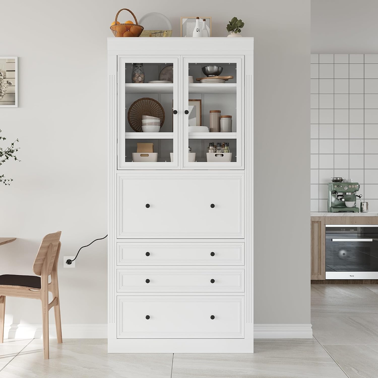 78 inch Tall Kitchen Pantry Cabinet with 3 Drawers and Adjustable Shelves, Wood Storage Cabinet with Drop-Down Surface and Glass Doors for Dining Room and Living Room (White//3)