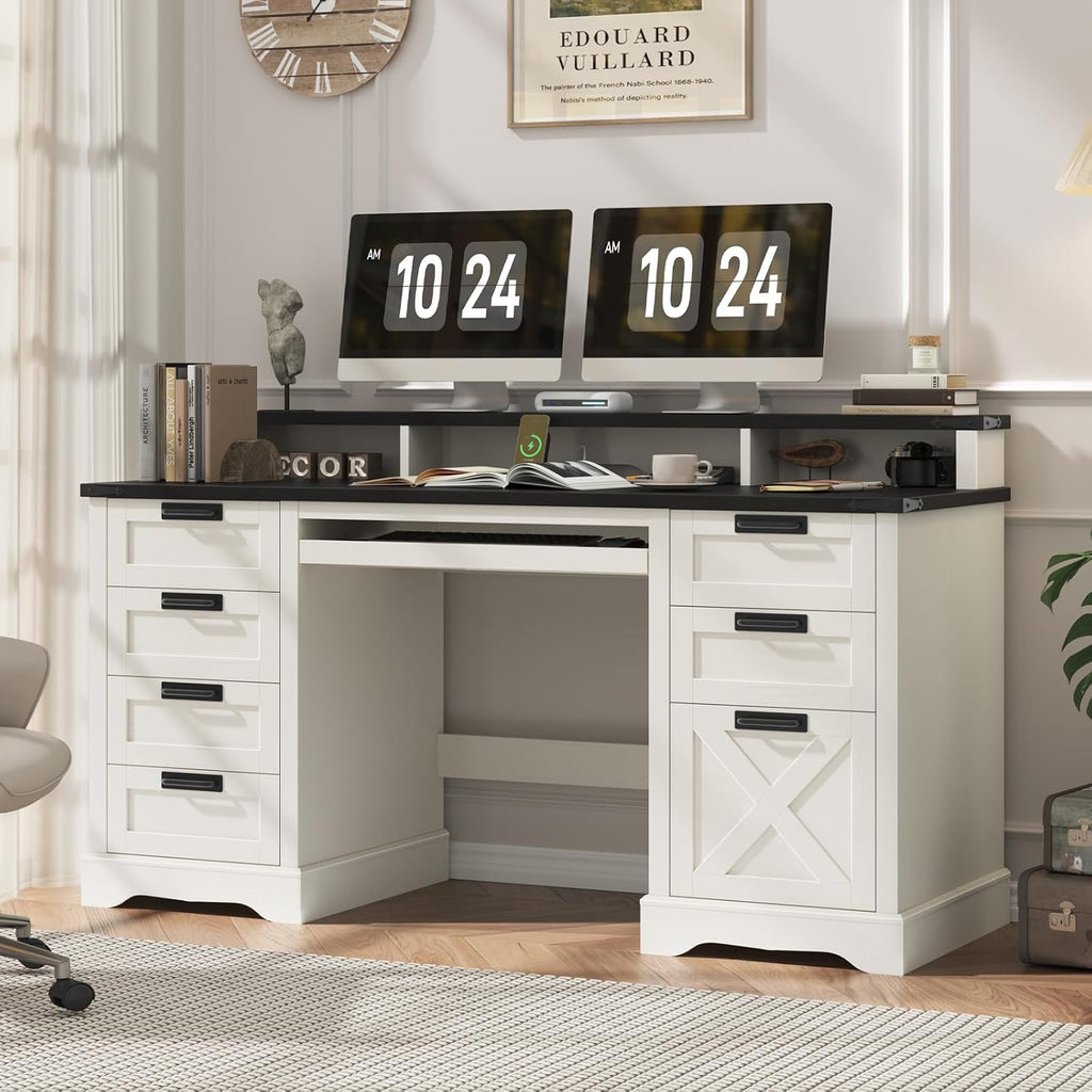 Farmhouse Executive Desk 60' Computer Desk with 8 Drawers and Power Outlets, Wood Home Office Desk with Keyboard Tray & Monitor Stand, Writing Desk Workstation for Bedroom Study, White and Black