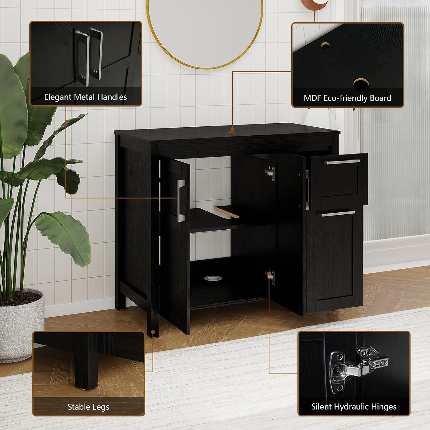 YOURLITE 36 Inches Traditional Bathroom Vanity Set with Single Faucet Hole, Clear Boat Glass Sink, Black Finish, 2-Door Cabinet