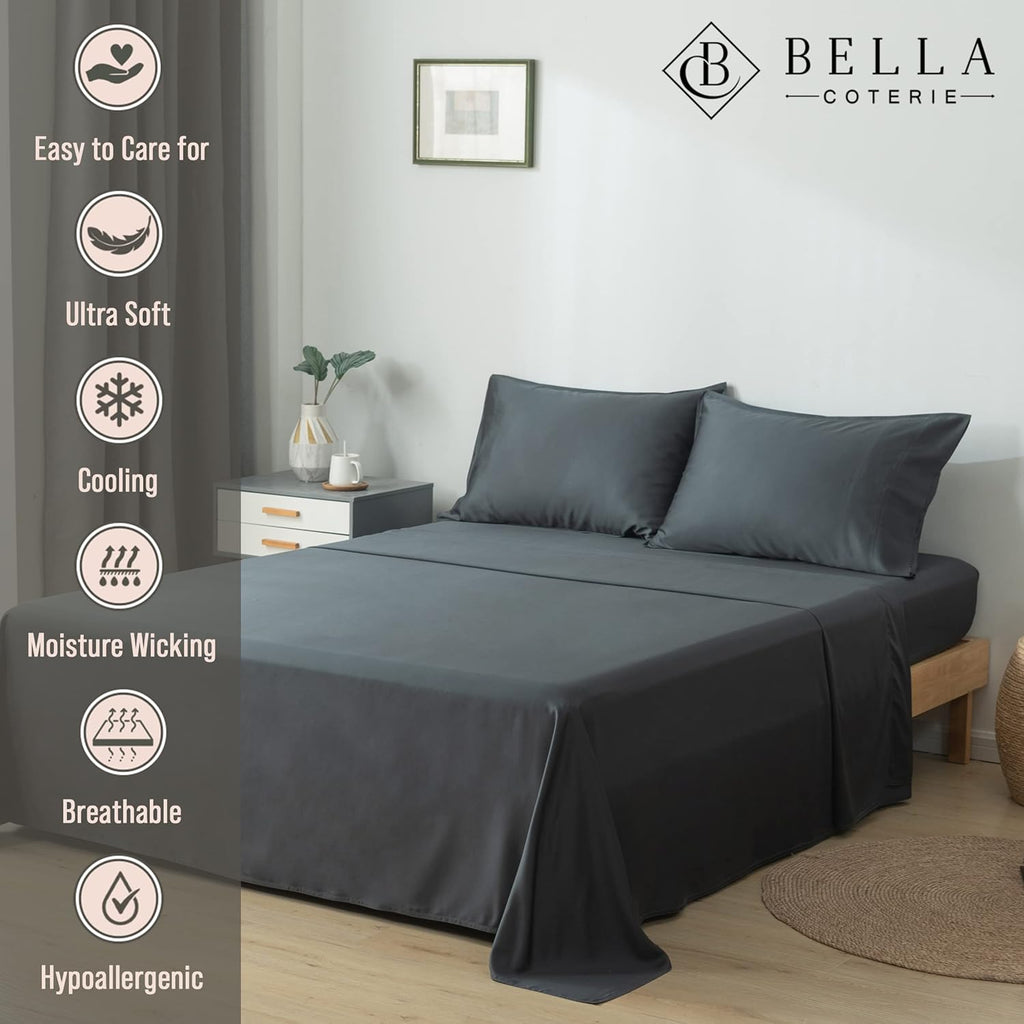 Bella Coterie Luxury Bamboo Viscose Queen Size Sheet Set | 100% Organically Grown | Ultra Soft | Cooling for Hot Sleepers | 18' Deep Pocket [Charcoal Grey]