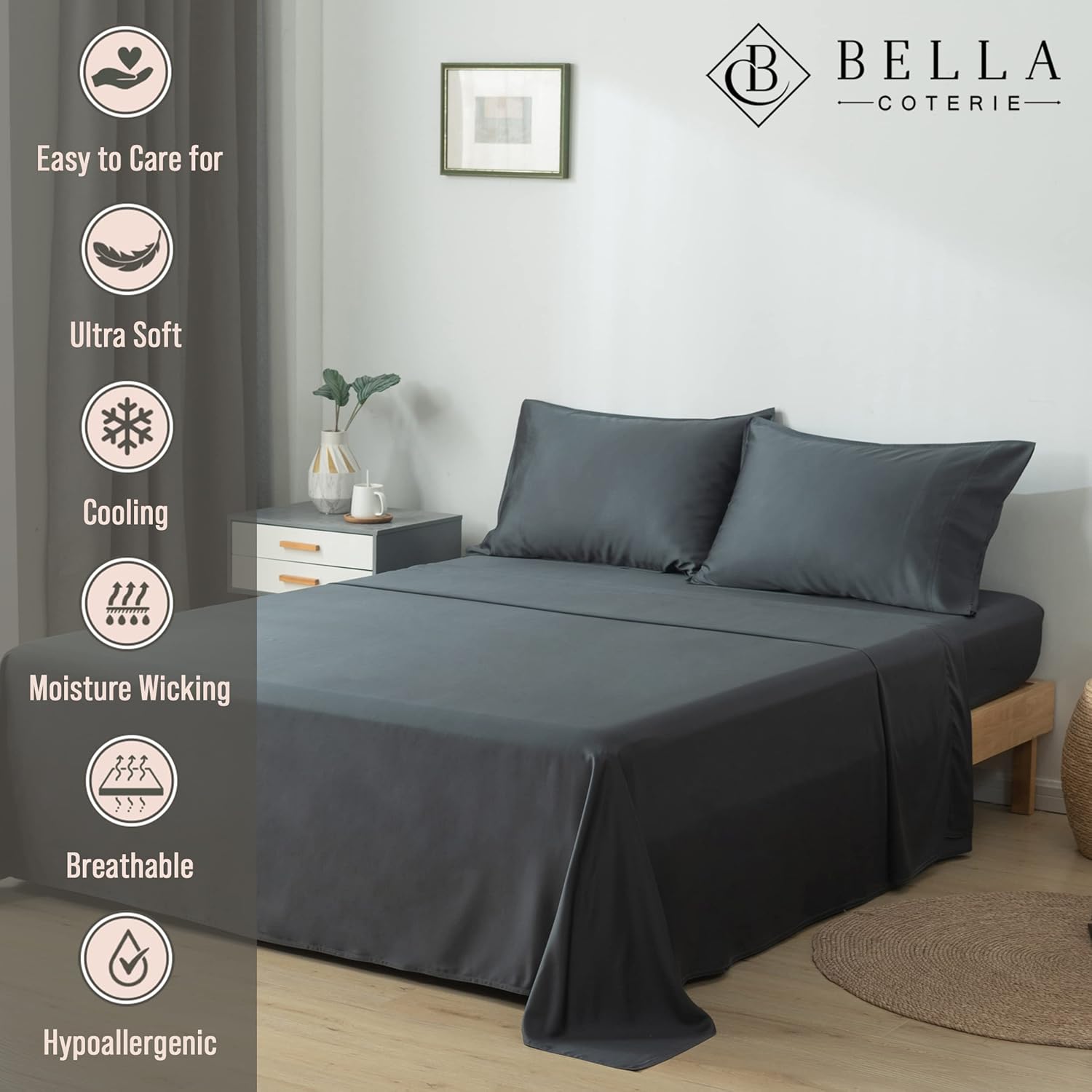 Bella Coterie Luxury Bamboo Viscose Queen Size Sheet Set | 100% Organically Grown | Ultra Soft | Cooling for Hot Sleepers | 18' Deep Pocket [Charcoal Grey]