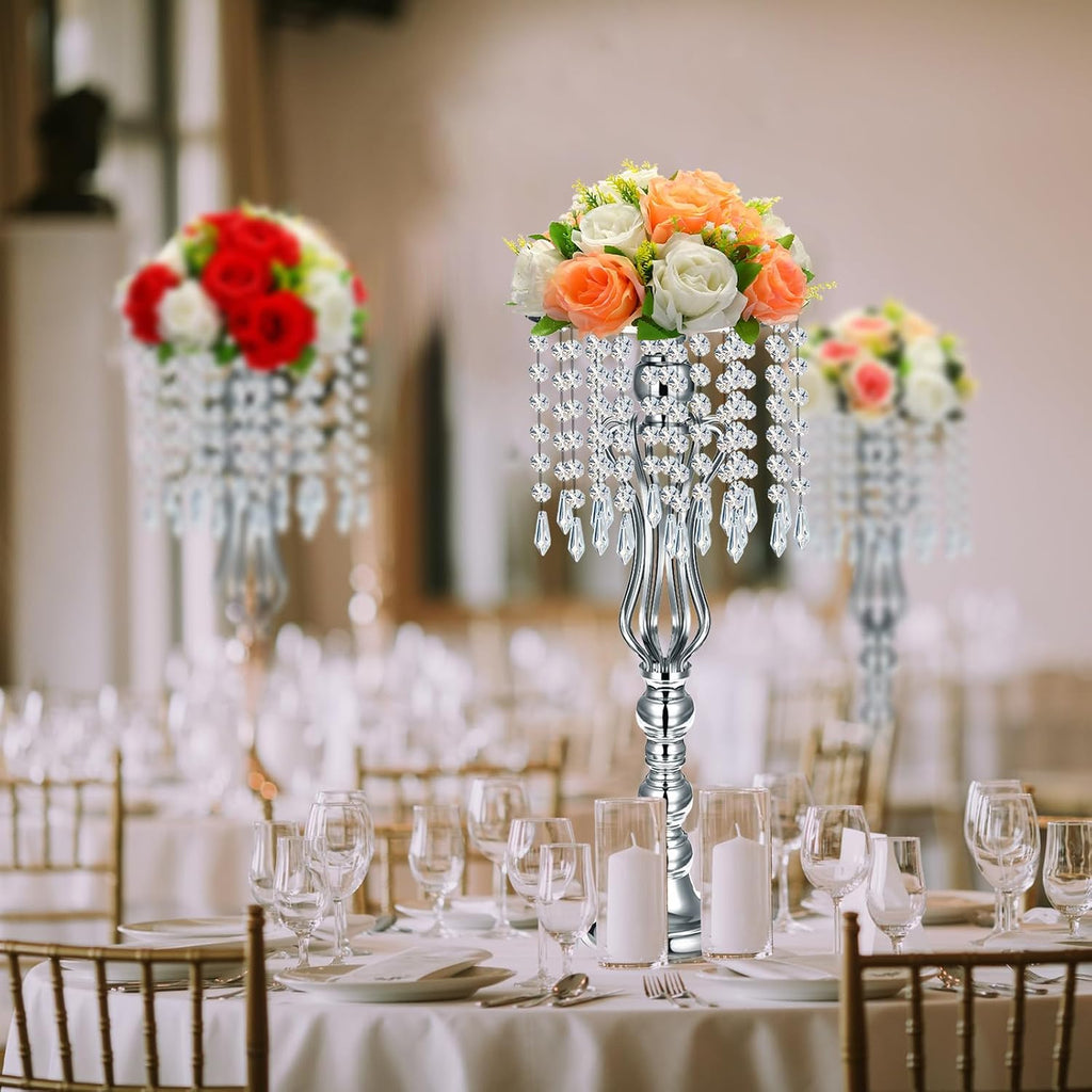 Didaey 16 Pcs Wedding Centerpieces for Tables, Gold Silver Vase Centerpiece with Chandelier Crystal Metal Flower Stand, Tall Flower Vases for Wedding Party Home Decoration(Silver,21.3')
