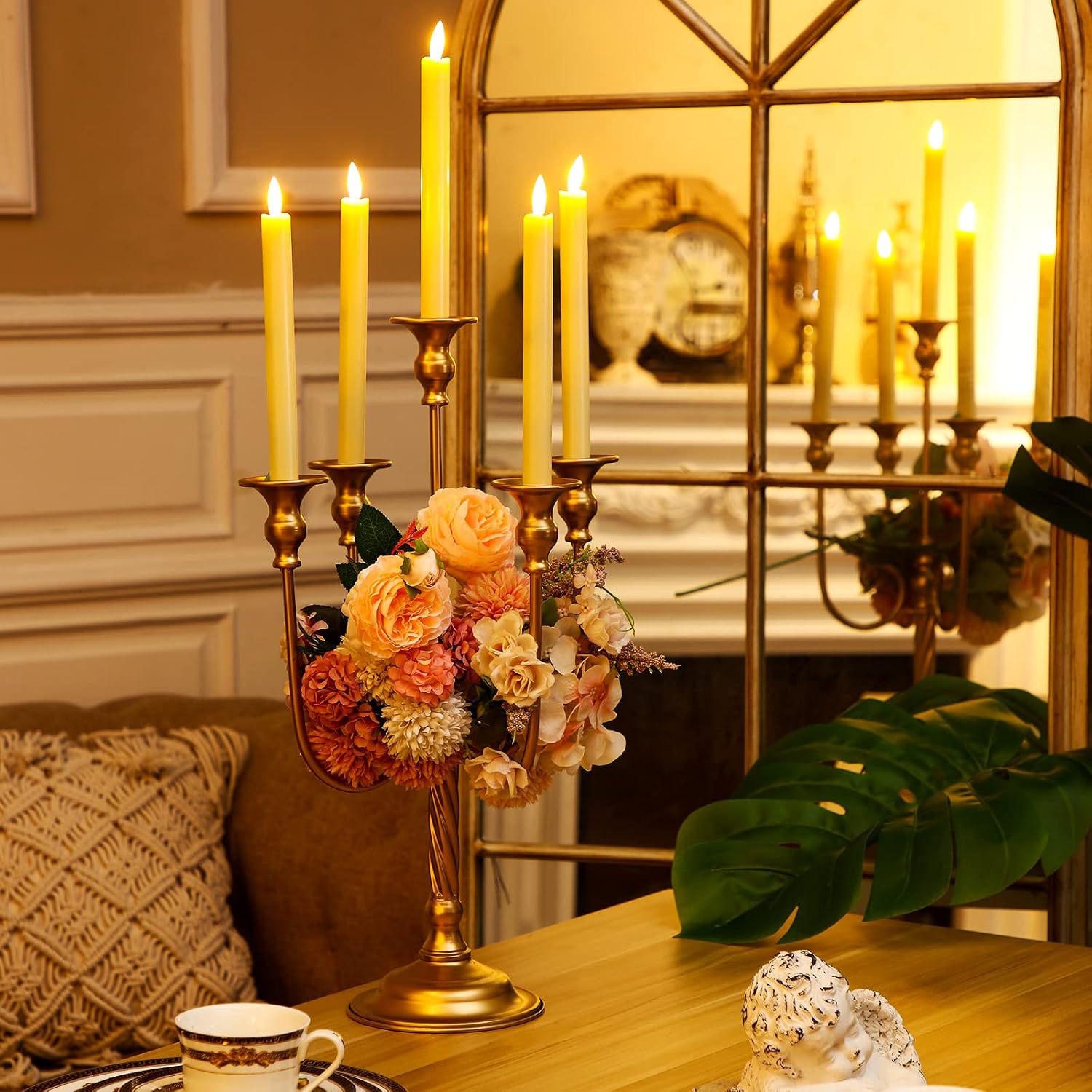 Rtteri 6 Pcs Gold Candelabra Candlestick Holder Metal Candle Stand Candelabra for Taper Candles Table Centerpieces Wedding Christmas Holiday Birthday Party (9.45 x 9.45 x 19.7 Inch,5 Arm)