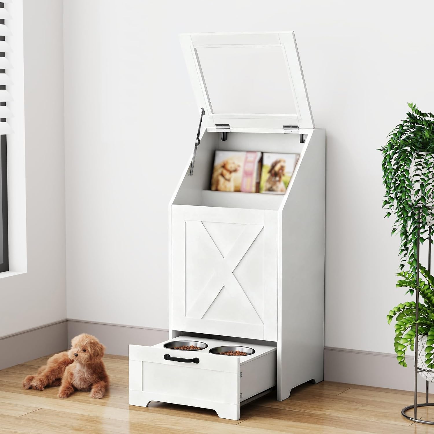 Dog Feeding Station,Dog Food Storage Cabinet,Pet Feeding Station with 2 Elevated Bowls,Hidden Pet Feeder Station with Hooks,Flip Top Pet Storage Organizer for Water,Feeding (White)