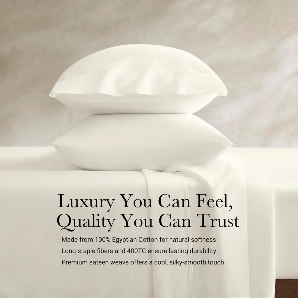 Harbor House Luxury 100% Egyptian Cotton Sheet Set, 400 Thread Count Sateen Weave, Soft & Breathable Bed Sheets with Deep Pocket, 4-Piece Queen Bedding Set, Ivory