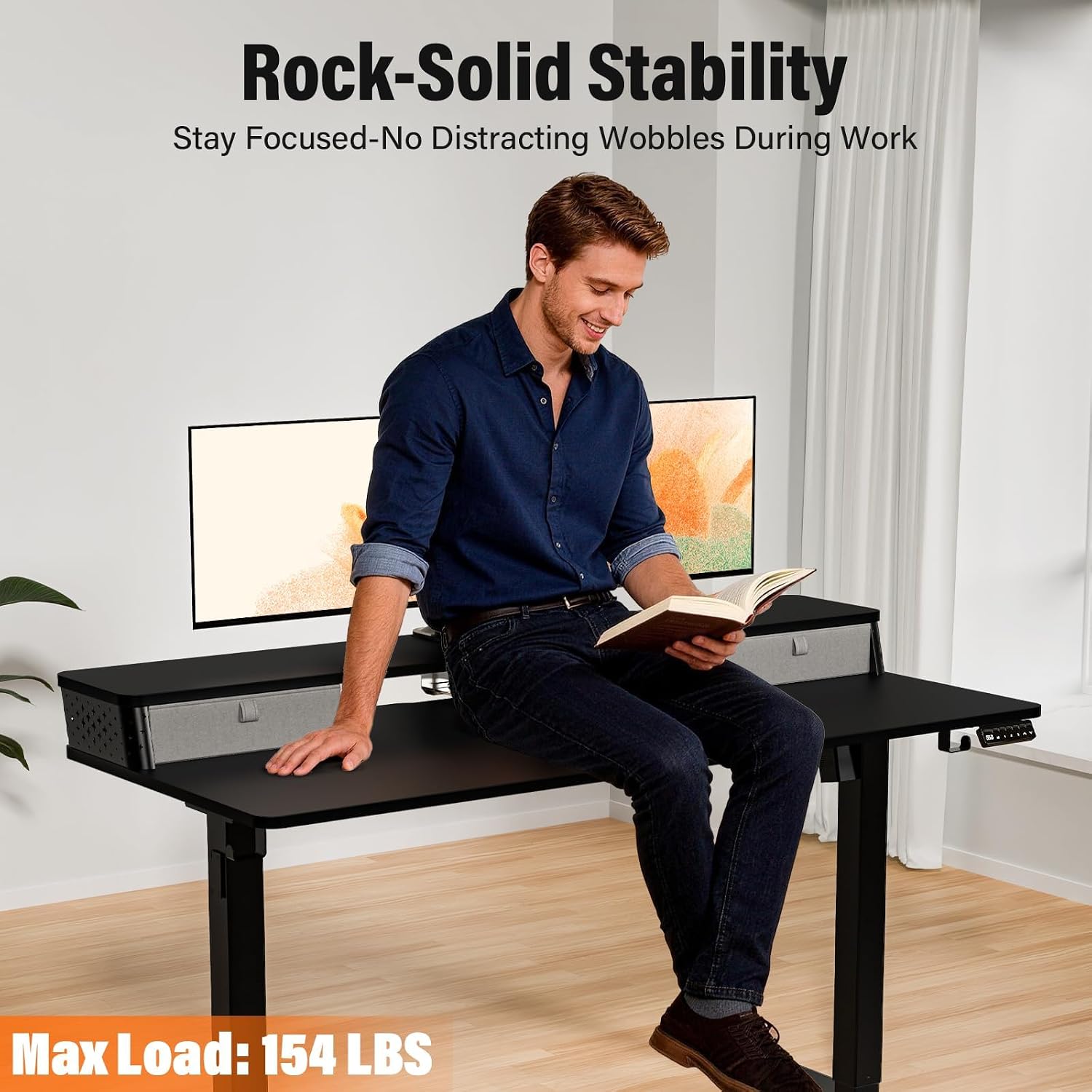 Kingant 40 x 24 Inch Small Electric Standing Desk with Dual Drawers, Height Adjustable Sit to Stand Computer Desk with Storage Shelf and C-Clamp Mount Compatibility for Home Office, Black