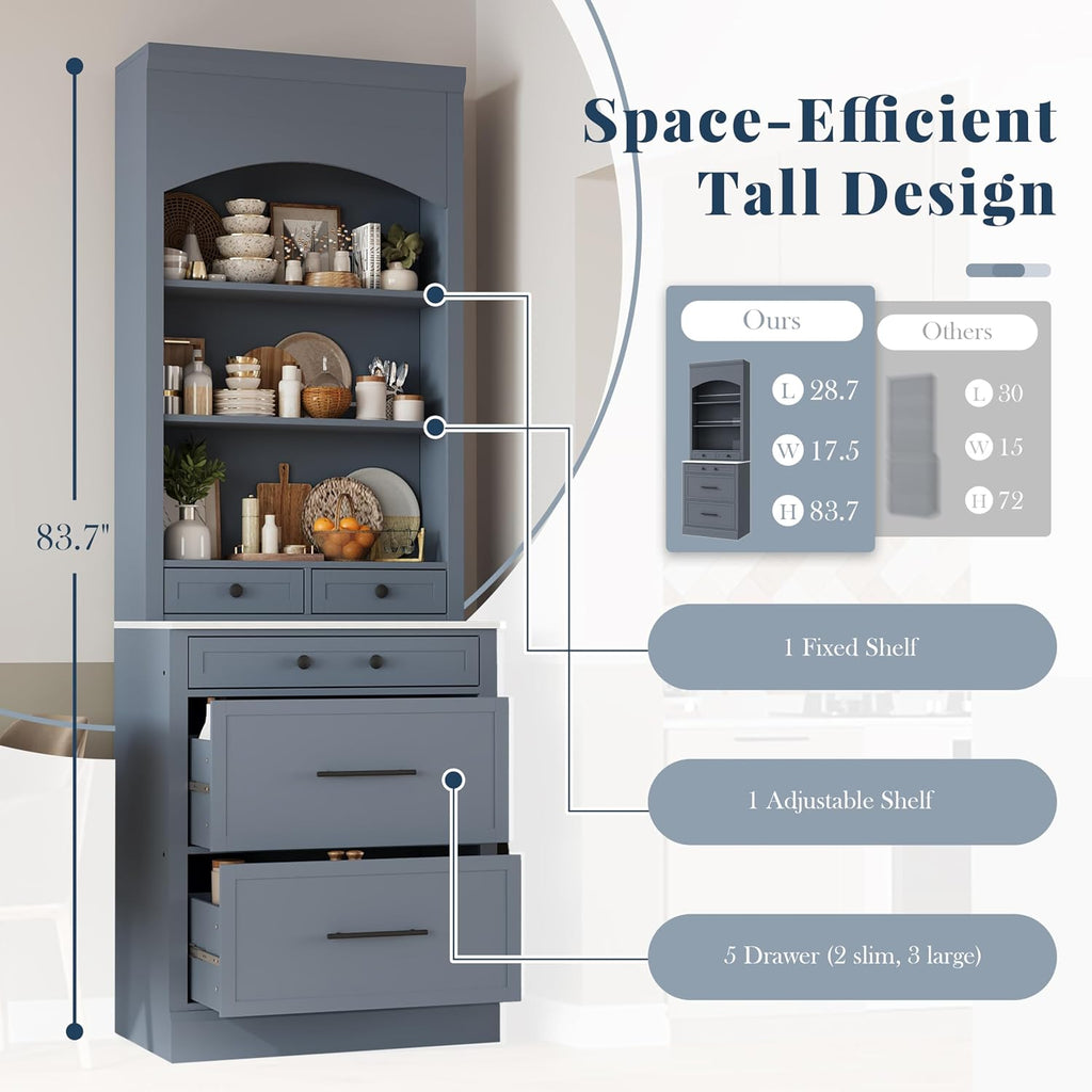 Modern 83.7inch High Kitchen Pantry, Freestanding Tall Kitchen Hutch with Faux Marble Top, Cupboard Cabinet with 5 Storage Drawers and Adjustable Shelf (Gray-4)