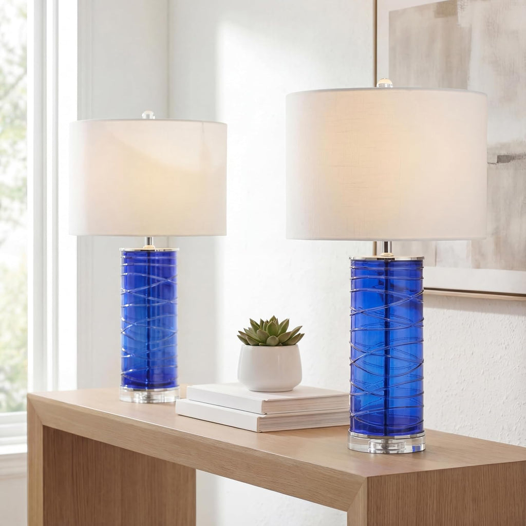 JONATHAN Y 27.5' Cobalt Modern Fused Glass Table Lamp Set of 2 for Bedroom Living Room, Coastal Nightstand Bedside Lamp with White Linen Shade, LED Bulbs Included (JYL4017D-SET2)