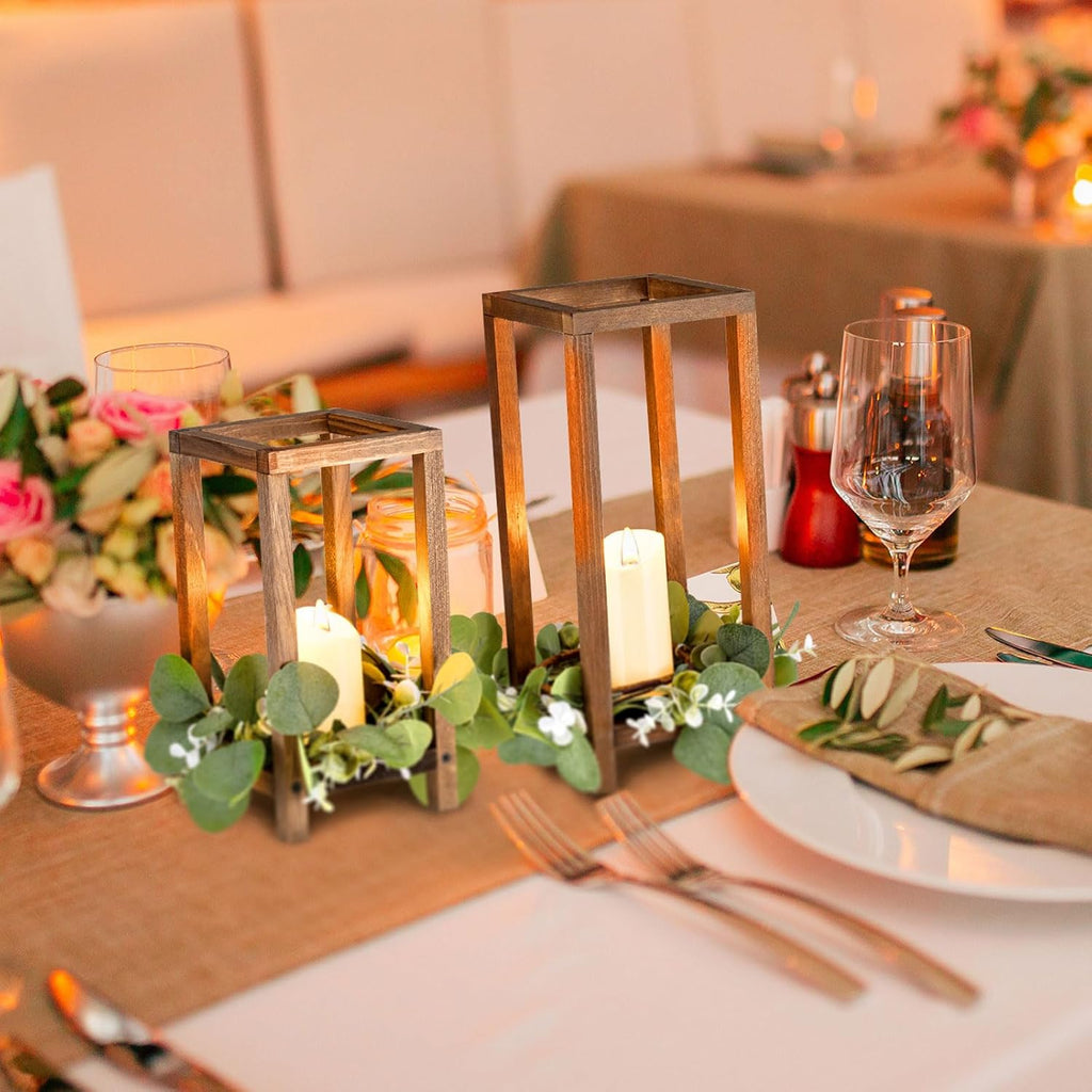 Geelin 12 Set 10.59'', 13'' Brown Wooden Lanterns for Wedding Centerpieces Include 12 Wooden Lantern 12 LED Candle 12 Eucalyptus Leaves Wreath for Wedding Baby Shower Farmhouse Table Decor