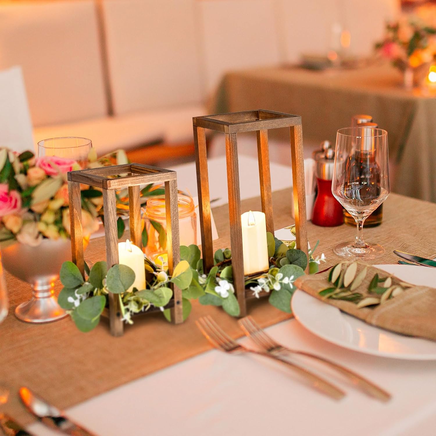 Geelin 12 Set 10.59'', 13'' Brown Wooden Lanterns for Wedding Centerpieces Include 12 Wooden Lantern 12 LED Candle 12 Eucalyptus Leaves Wreath for Wedding Baby Shower Farmhouse Table Decor