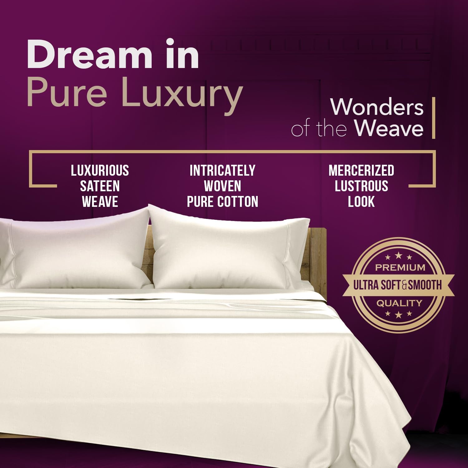 TEXAS LINEN CO. 100% Egyptian Cotton Queen Sheets Set - Luxury 1200 Series Star Sleepin' Collection Egyptian Cotton Sheets Queen Size (4 PC, Ivory), 17' Deep Pocket, Cooling Sateen Hotel Bedding Set