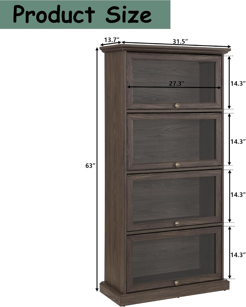 Brown Glass Display Curio Cabinet, Barrister Bookcase with Glass Doors, Rustic Brown Wood Display Cabinet, 31.5'L x 13.7'W x 63'H
