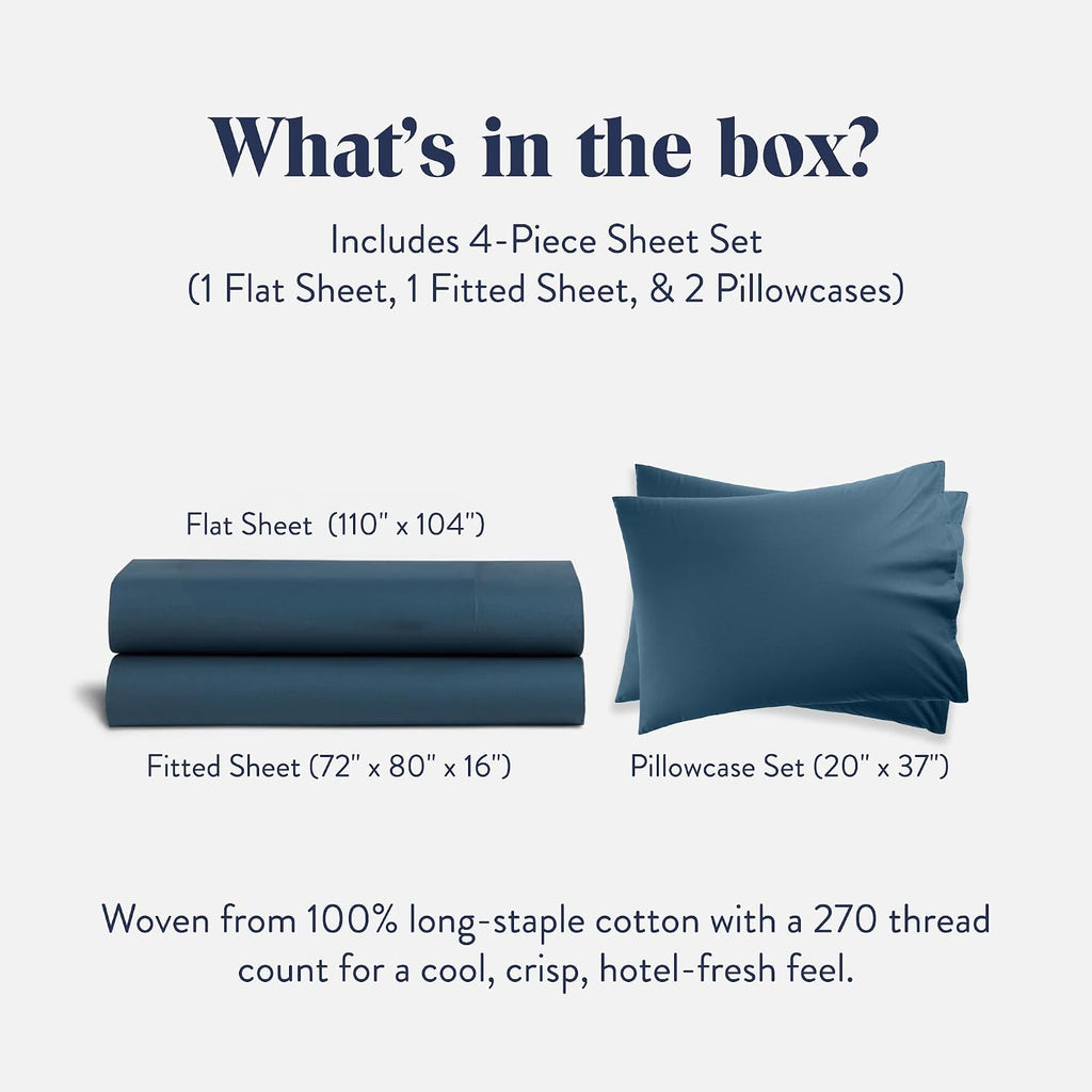 Brooklinen Luxury Percale Sheet Set - 4 Piece 100% Cotton Bed Sheets - 1 Fitted & 1 Flat Sheet, 2 Pillowcases - Cotton Percale Sheets for Hot Sleepers (Queen Size, Abyys Blue)