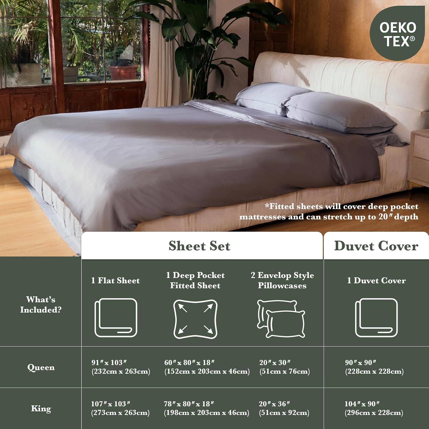 Luxury Bamboo Viscose Duvet Cover | Pure Bamboo Viscose, Soft, Breathable and Cooling for Hot Sleeper | Piped Edge, Hidden Zipper Closure, 8 Corner Ties and Button Closure (Ice Grey, Queen)