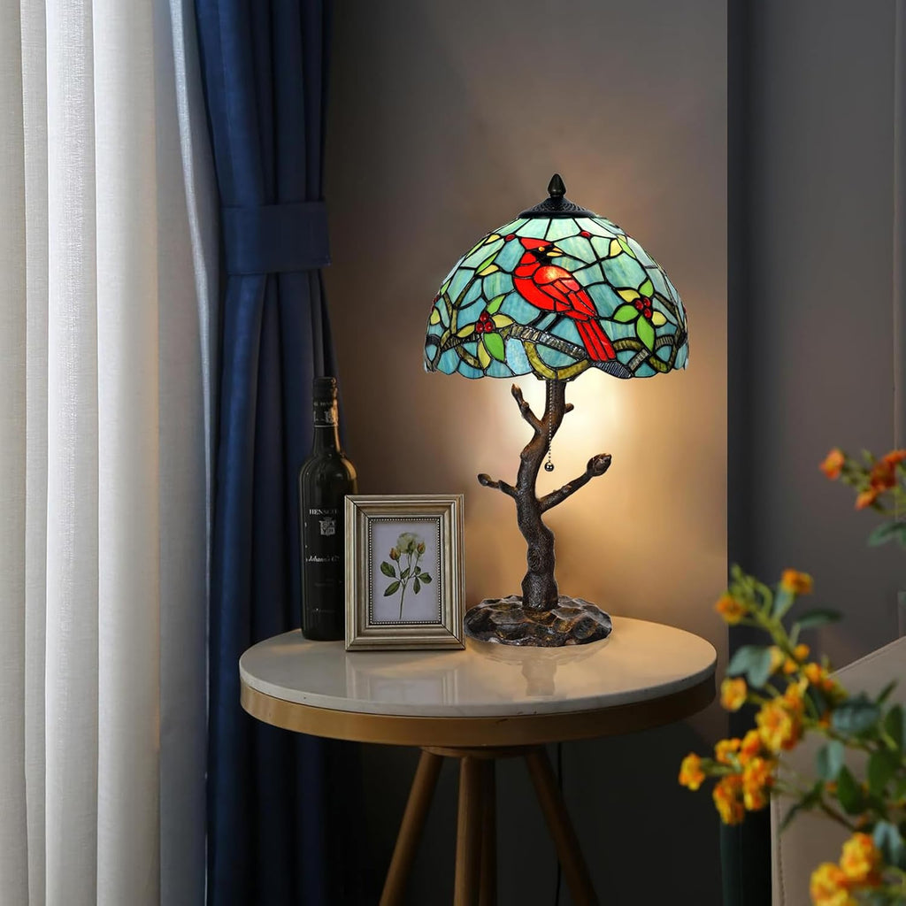 TL0035 Tiffany Style Stained Glass Table Lamp, Cardinal Bird Desk Lamp with Branch Base, W 12' x OH 21', Great for Home Decor & Night Lighting, LED Bulb Included (Red Cardinal)