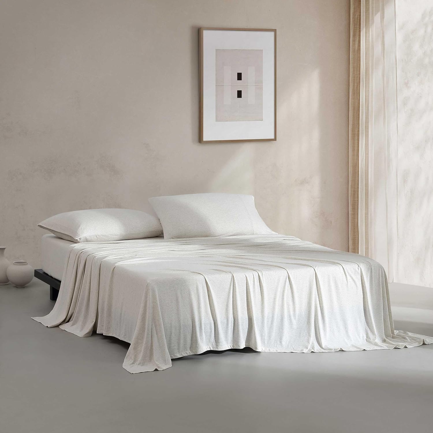 Calvin Klein - Queen Size Sheets Set, Naturally Soft Cotton-Blend Melange Jersey Bedding - Bed Sheets with Matching Pillowcases & Fitted Sheet (Modern Cotton Ivory/Grey)