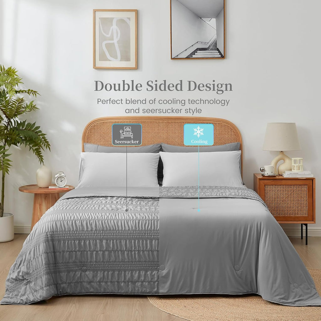 Cozy Bliss Seersucker Cooling Comforter King Size, Q-Max 0.45 Reversible Lightweight Cooling Blanket, Breathable Silk Smooth Summer Bedding Quilt for Hot Sleepers Night Sweats Dark Grey