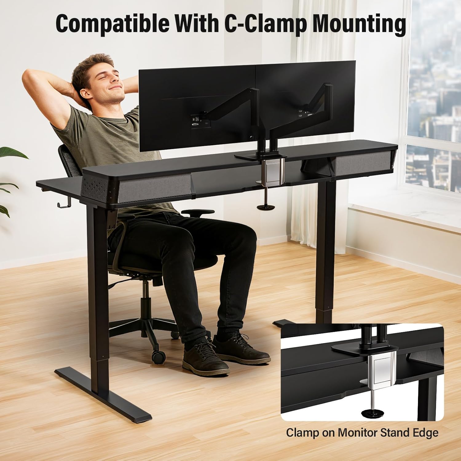 Kingant 35 x 20 Inch Small Electric Standing Desk with Dual Drawers, Height Adjustable Sit to Stand Computer Desk with Storage Shelf and C-Clamp Mount Compatibility for Home Office, Black